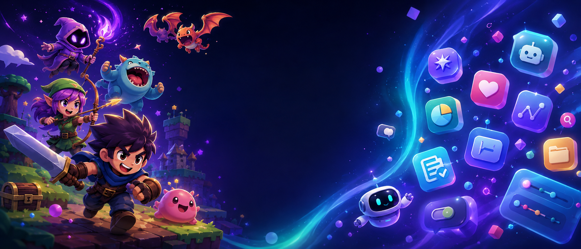 A vibrant Pixeloop world joining game characters and floating app icons